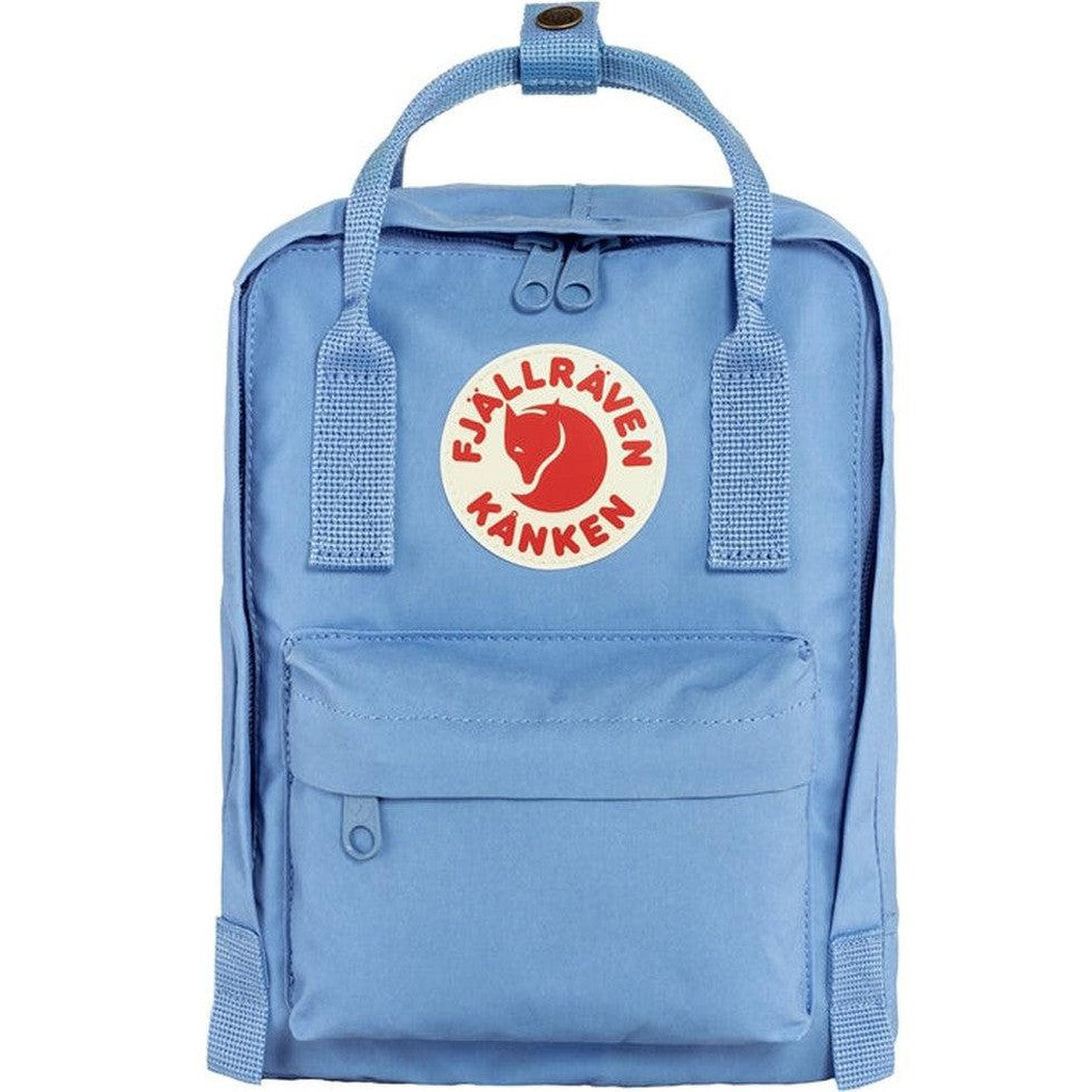 A front view of the Fjallraven Kanken Mini Day Pack in Ultramarine showing the front pocket and logo against a white background.