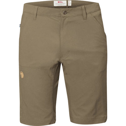 Side view of the Fjallraven Men's Abisko Lite Shorts in Light Olive showing the front pocket and logo on the left leg.