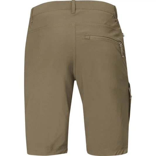 Back view of the Fjallraven Men's Abisko Lite Shorts in Light Olive showing the zippered back pocket against a white background.