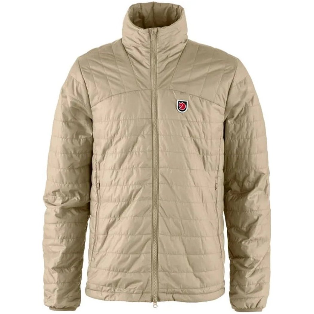 A front view of the Fjallraven Men's Expedition X-Latt Jacket in Fossil color, showing the high collar and logo on the chest against a plain white background.