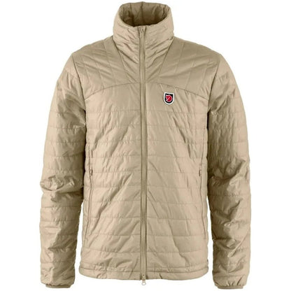 A front view of the Fjallraven Men's Expedition X-Latt Jacket in Fossil color, showing the high collar and logo on the chest against a plain white background.
