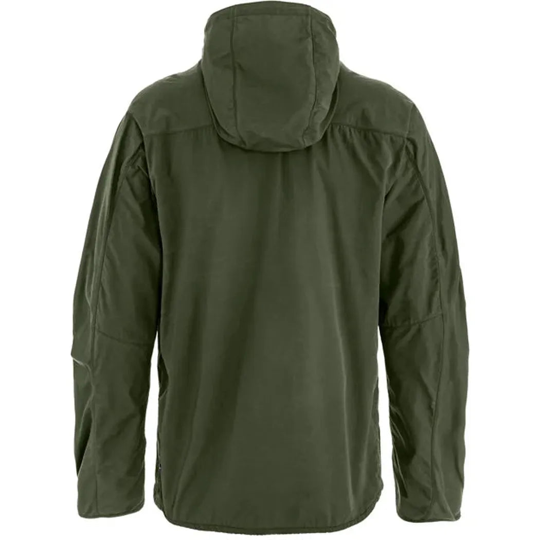 Back view of the Fjallraven Men's High Coast Wind Jacket in Deep Forest showing the hood and long sleeves against a white background.