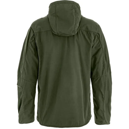 Back view of the Fjallraven Men's High Coast Wind Jacket in Deep Forest showing the hood and long sleeves against a white background.