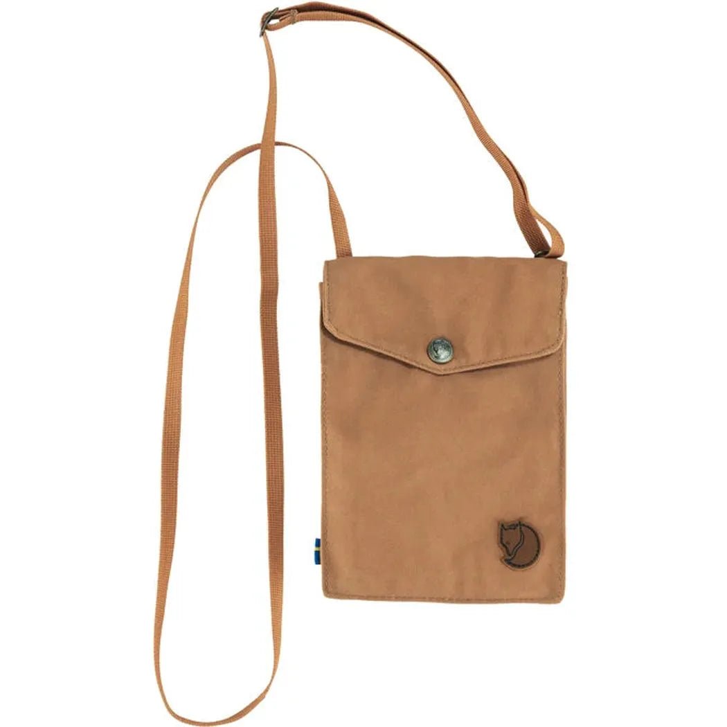 A front view of the Fjallraven Pocket bag in Black with a long strap and a logo patch, set against a white background.