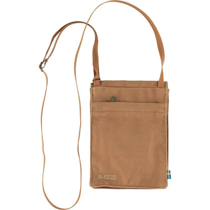 A front view of the Fjallraven Pocket bag in Black with a long strap against a white background.