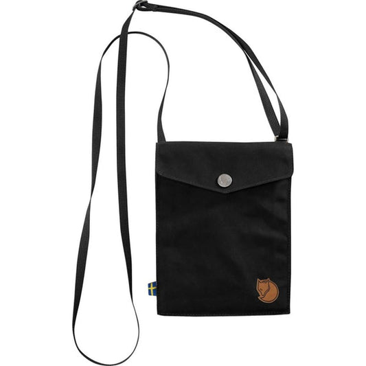A black Fjallraven Pocket bag with a shoulder strap and a fox logo, shown against a white background.