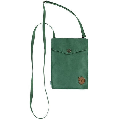 A front view of the Fjallraven Pocket bag in Black with a long adjustable strap and a brown logo patch, set against a plain white background.