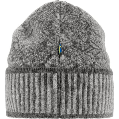 A front view of the Fjallraven Snow Beanie in Grey showing the ribbed cuff and a small logo on the front against a white background.
