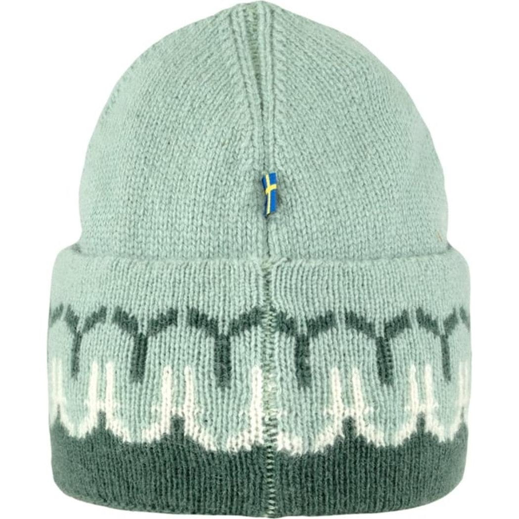 Back view of the Fjallraven Övik Path Knit Beanie in Chalk White Grey showing the pattern and a small flag detail.