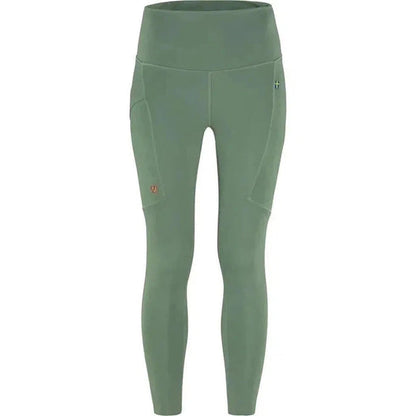 Side view of the Fjallraven Women's Abisko Tights in Patina Green showing the side pockets against a white background.