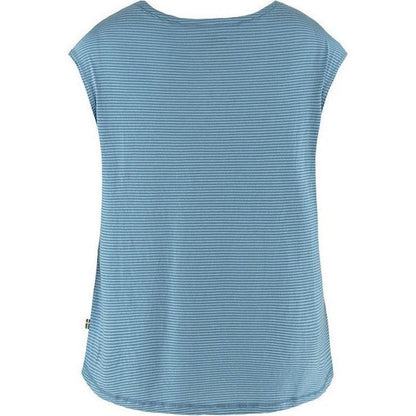 Back view of the Fjallraven Women's High Coast Cool T-Shirt in Dawn Blue with a small tag on the side against a white background.
