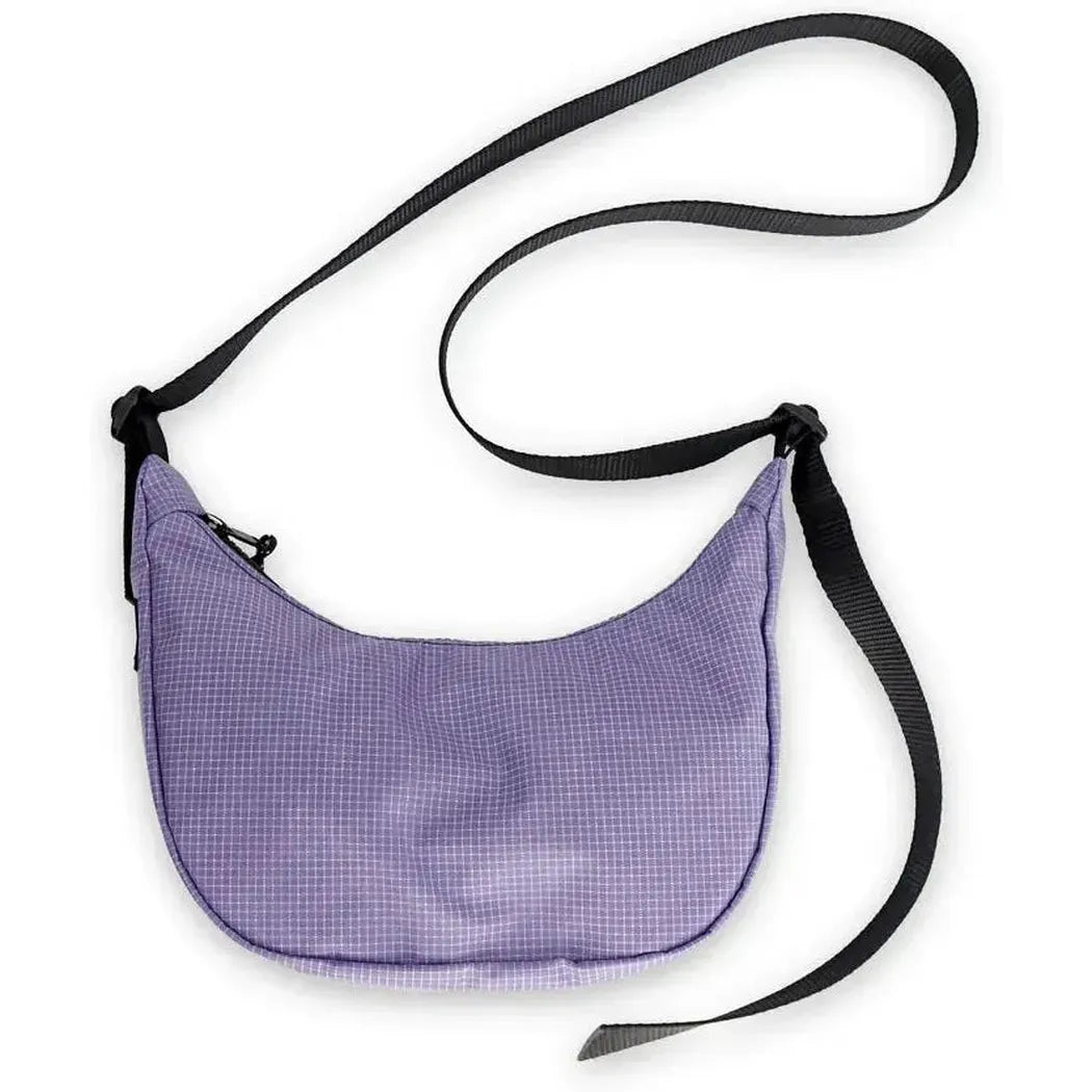 A top-down view of the Flowfold Mini Culter Crossbody in Coal EcoGrid with a black strap against a white background.