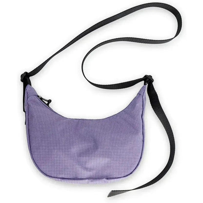 A top-down view of the Flowfold Mini Culter Crossbody in Coal EcoGrid with a black strap against a white background.
