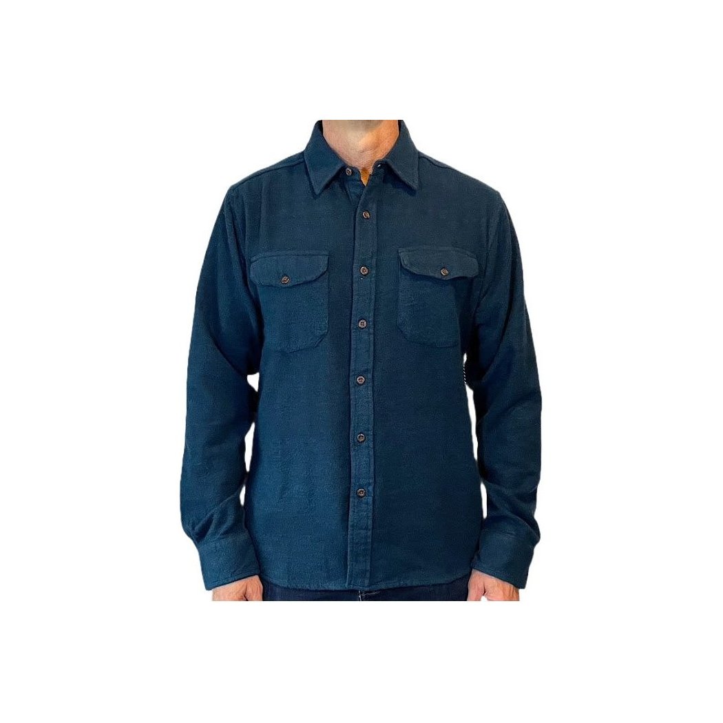A front view of the Flyshacker 2 Tone Solid Cavalry Twill Shirt, 7 oz in KHA, showing its button front and chest pockets against a white background.