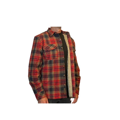 A front view of the Flyshacker Men's Camp Trail Sherpa Shirt in Pine showing the plaid pattern and sherpa lining against a white background.