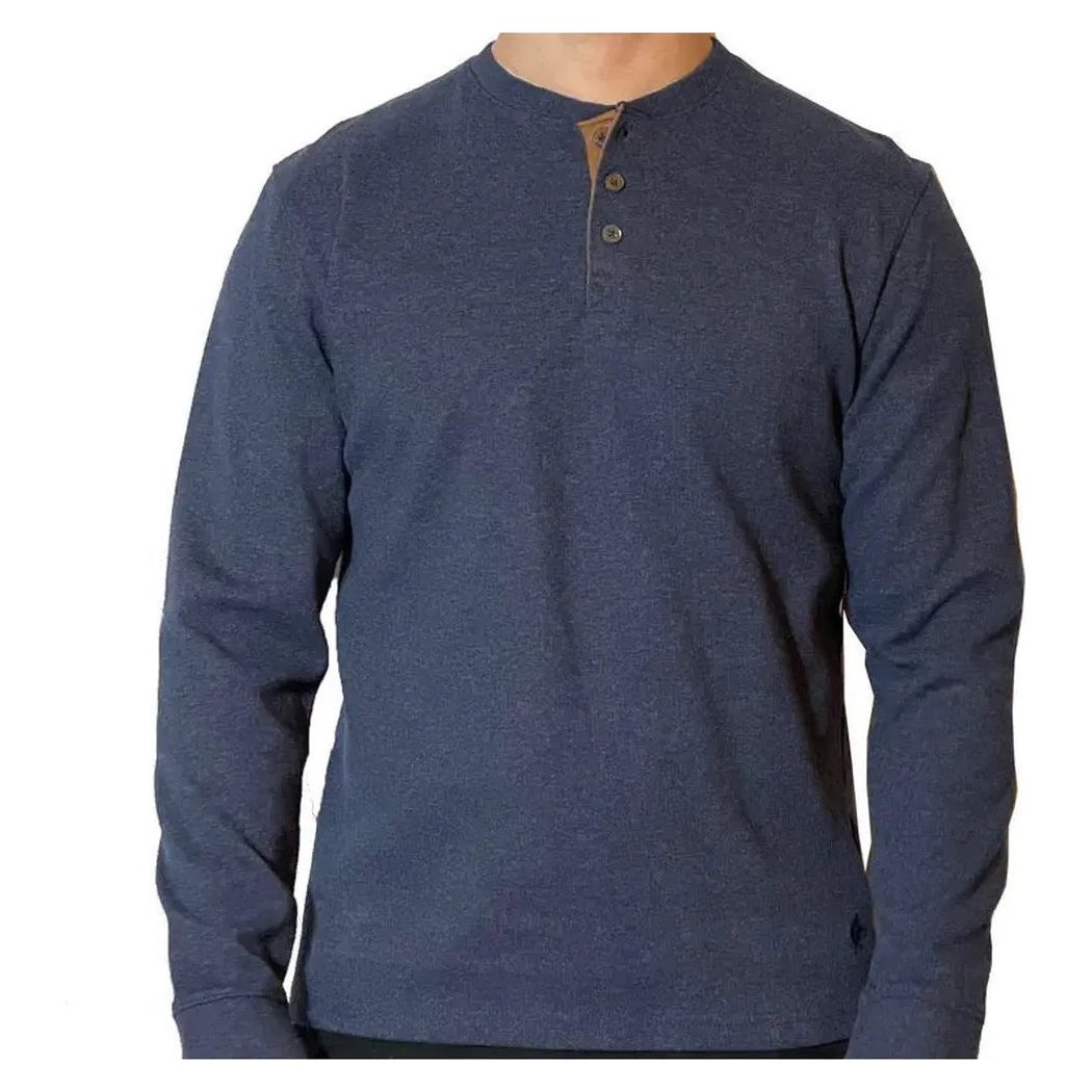 A front view of the Flyshacker Men's Firside Flatback Rib Henley in Black Heather with a brown placket and three buttons, on a man against a white background.