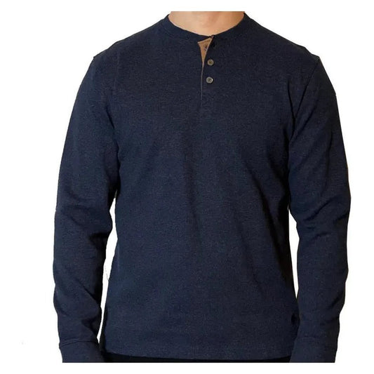 A front view of the Flyshacker Men's Firside Flatback Rib Henley in Black Heather with a brown placket and two buttons, against a plain white background.