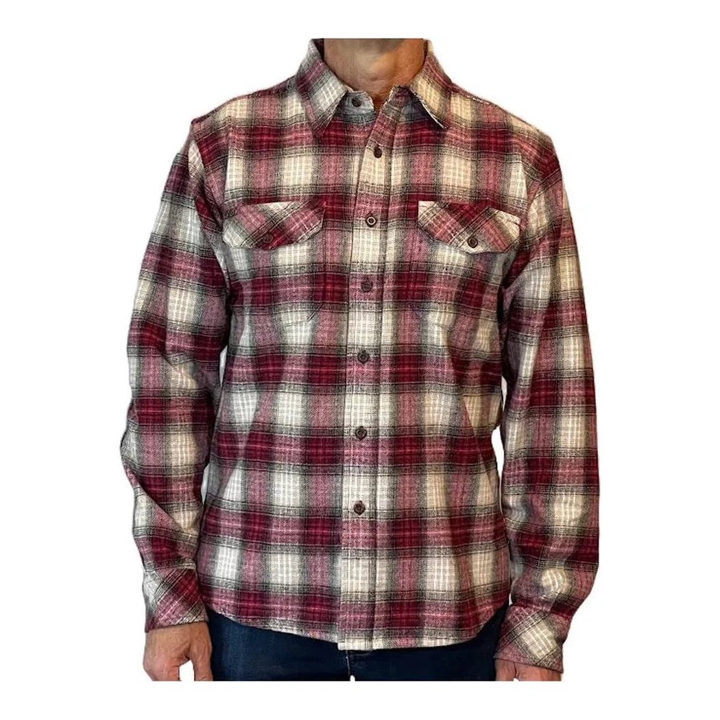 A front view of the Flyshacker Men's Granby Flannel Shirt - 8 oz in RDE, showing the chest pockets and button front on a model wearing dark jeans against a white background.