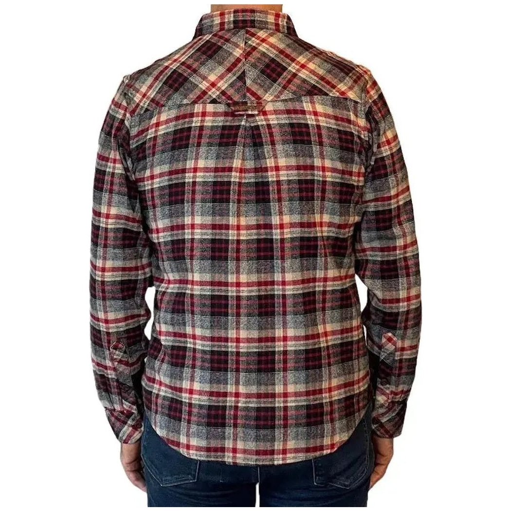 Back view of the Flyshacker Men's Original Flyshacker Shirt in Coffee/Gold on a model wearing dark jeans.