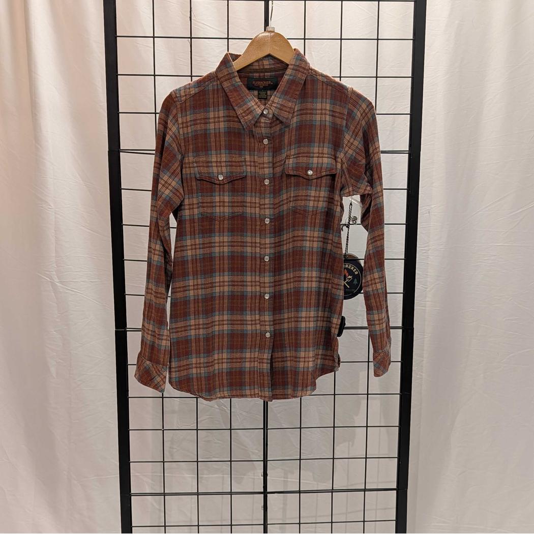 Flyshacker Sample - Women's Passion Pearl Snap Flannel Shirt-Women's - Clothing - Tops-BrownTanBlueOra-L-Appalachian Outfitters