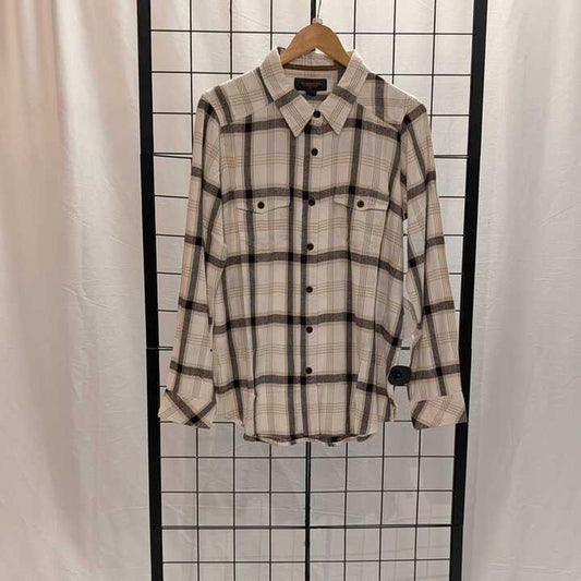 A front view of the Flyshacker Sample - Women's Snuggler Flannel Shirt in Ecru hanging on a wooden hanger against a grid background.