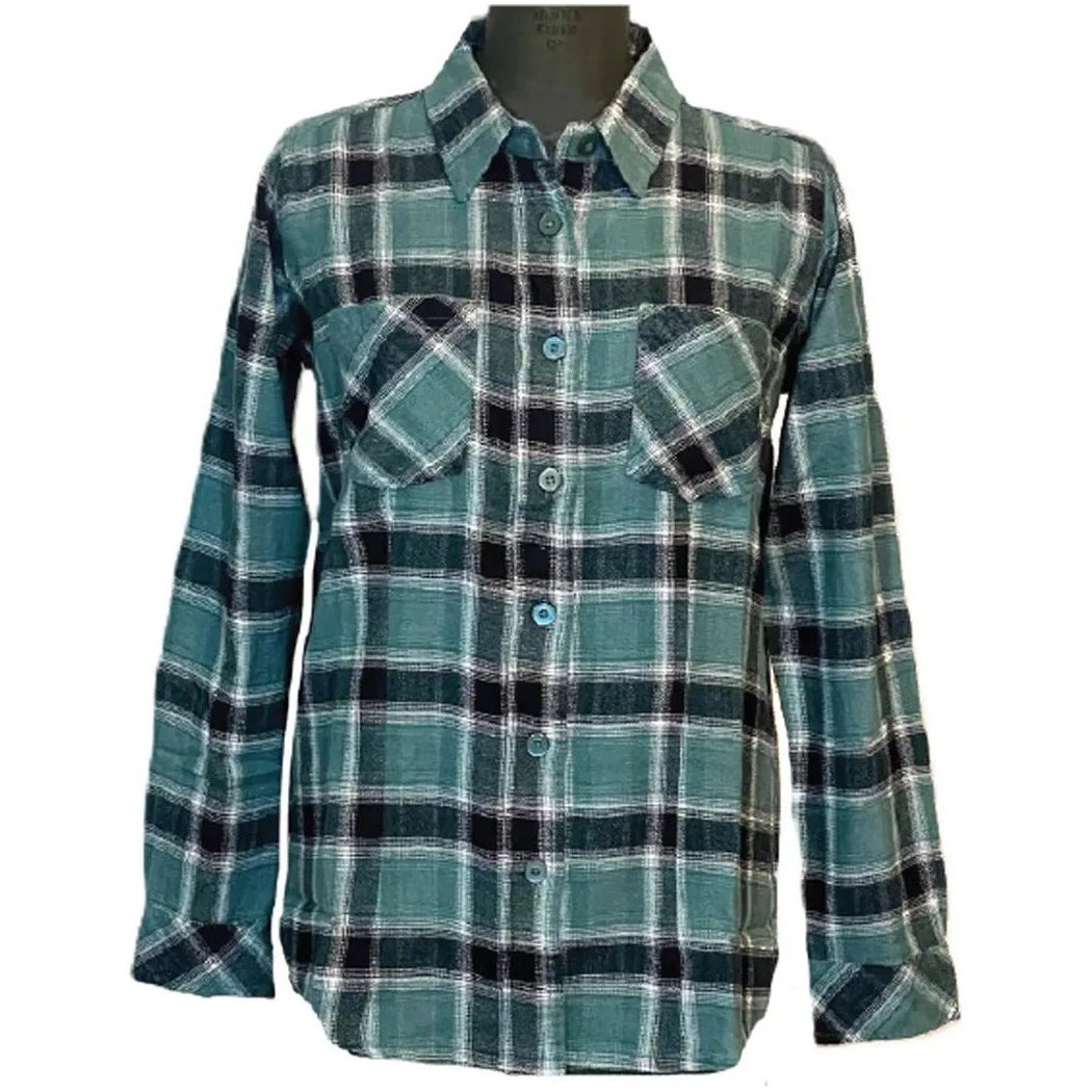 A front view of the Flyshacker Women's Libby Flannel Shirt in Turquoise showing the chest pockets and button front against a white background.