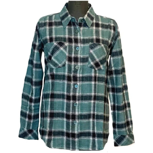 A front view of the Flyshacker Women's Libby Flannel Shirt in Turquoise showing the chest pockets and button front against a white background.