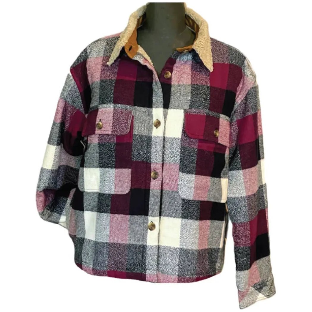A front view of the Flyshacker Women's Maple Falls Berber Lined Jacket in Chocolate/Turquoise on a mannequin with a white background.