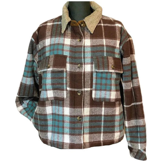 A front view of the Flyshacker Women's Maple Falls Berber Lined Jacket in Chocolate/Turquoise with a sherpa collar and two chest pockets against a white background.