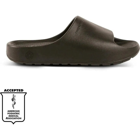 Side view of the Freewaters Men's Cloud9 Slide in Black showing the open-toe design against a white background.