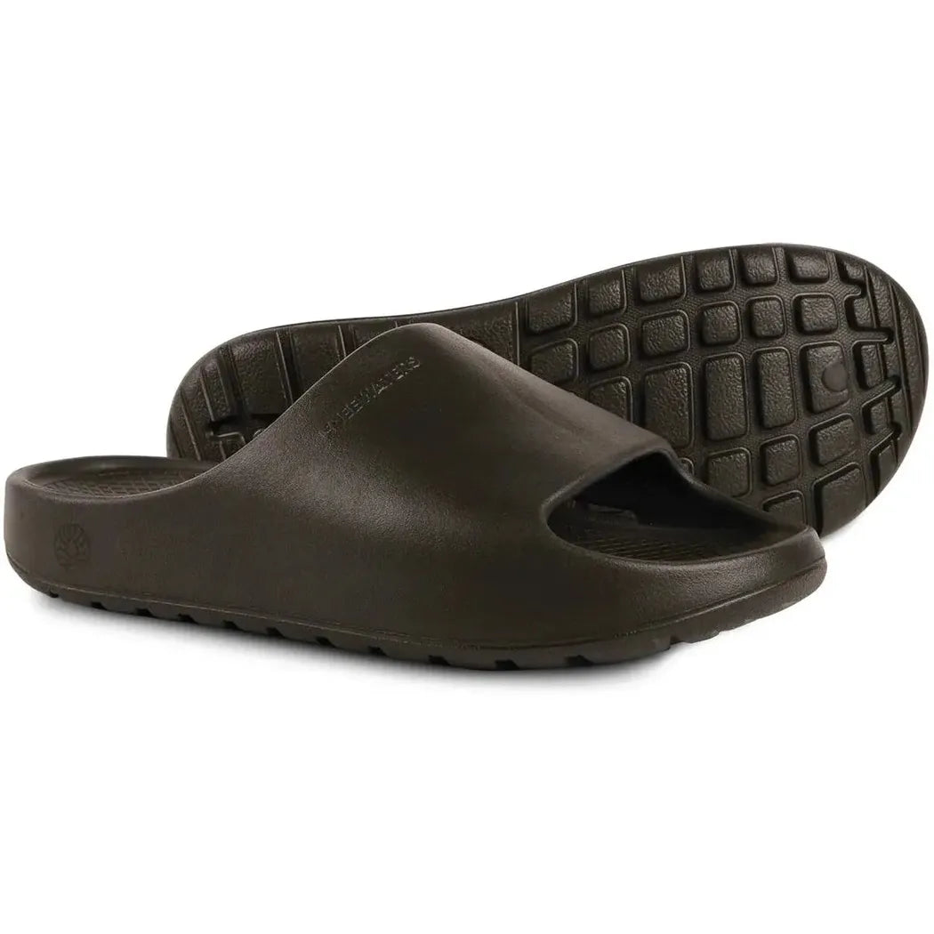 Front view of the Freewaters Men's Cloud9 Slide in Black showing the open toe design and textured outsole against a white background.