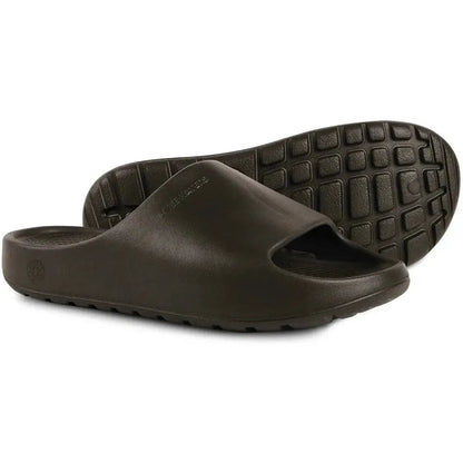 Front view of the Freewaters Men's Cloud9 Slide in Black showing the open toe design and textured outsole against a white background.