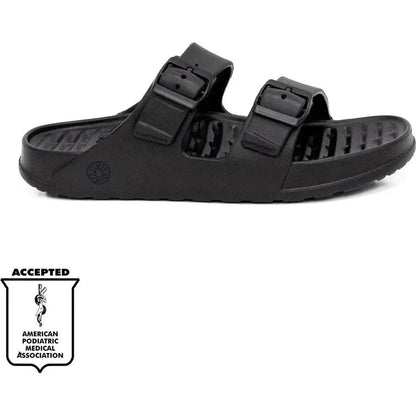 Side view of the Freewaters Women's Cloud9 Explorer in Black showing the two buckle straps and textured sole against a white background.