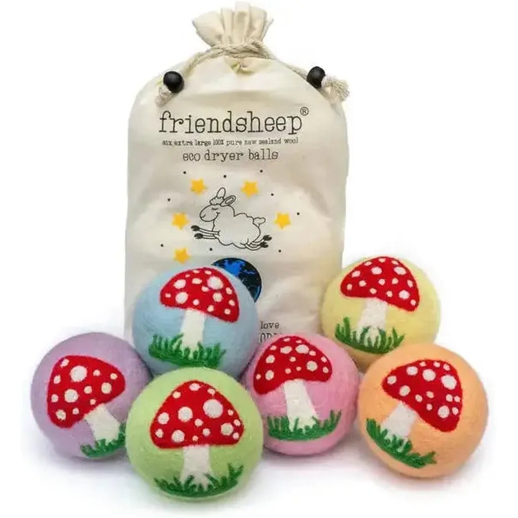 A bag of Friendsheep Enchanted Mushrooms dryer balls with colorful mushroom-patterned balls in front, against a white background.