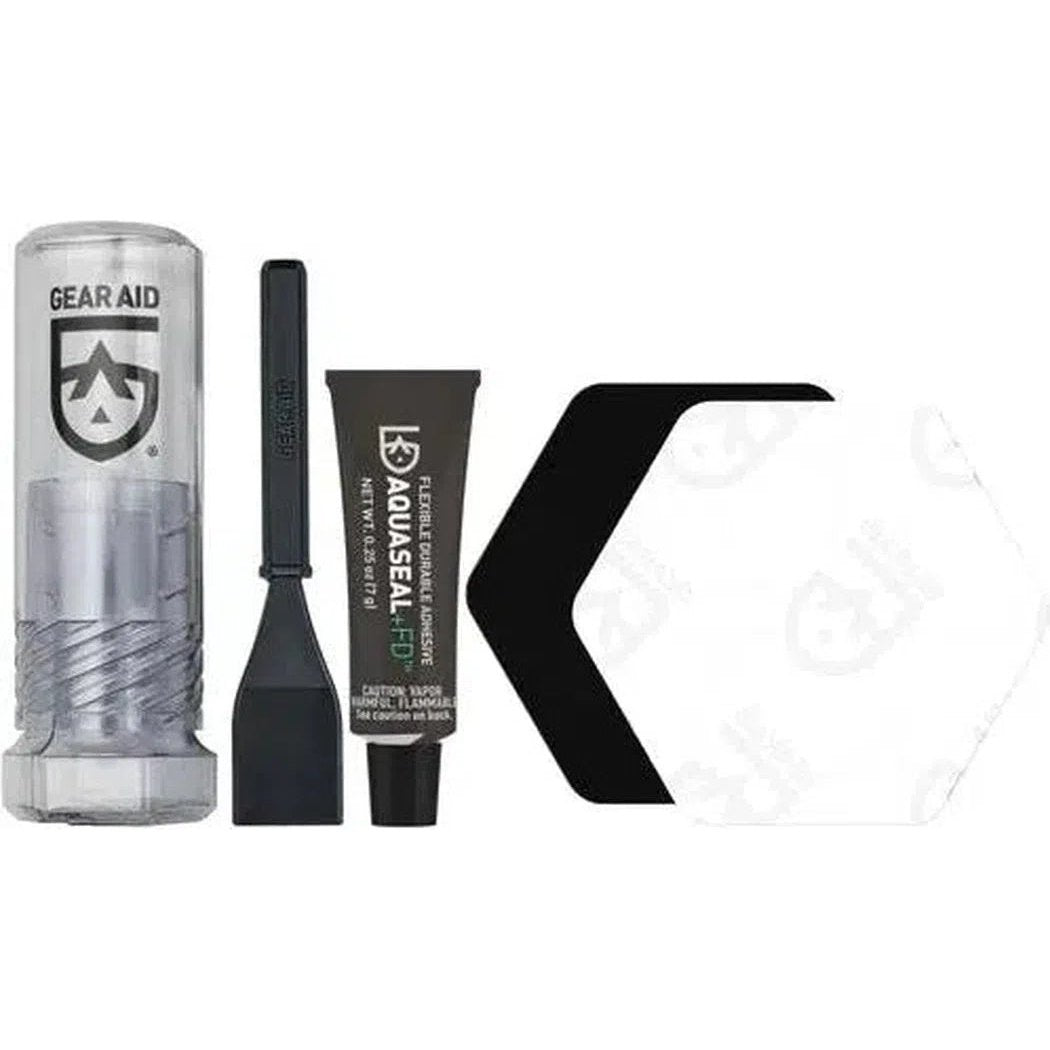 Gear Aid Aquaseal FD Repair Kit with a black brush, tube, and hexagonal patch on a white background.