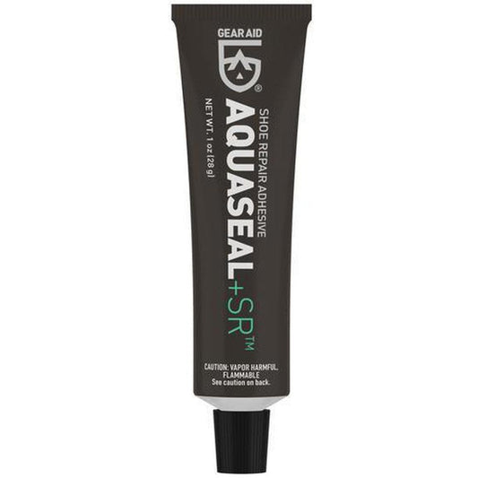 A black tube of Gear Aid Aquaseal SR Shoe Repair Adhesive with a black cap, showing the product label and caution text.