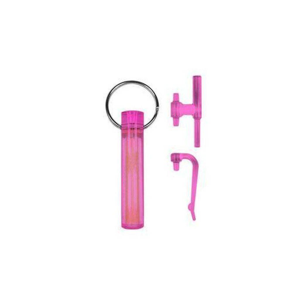 A pink Gear Aid Ni-Glo Gear Marker with a key ring and two pink components against a white background.