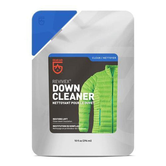 A front view of the Gear Aid Revivex Down Cleaner package showing the green down jacket graphic on a white background.