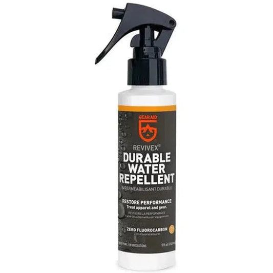 A front view of the Gear Aid Revivex Durable Water Repellent Spray bottle with a black trigger spray top against a white background.