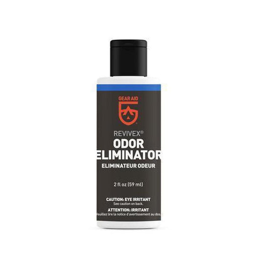 A front view of the Gear Aid Revivex Odor Eliminator 2oz bottle against a white background.