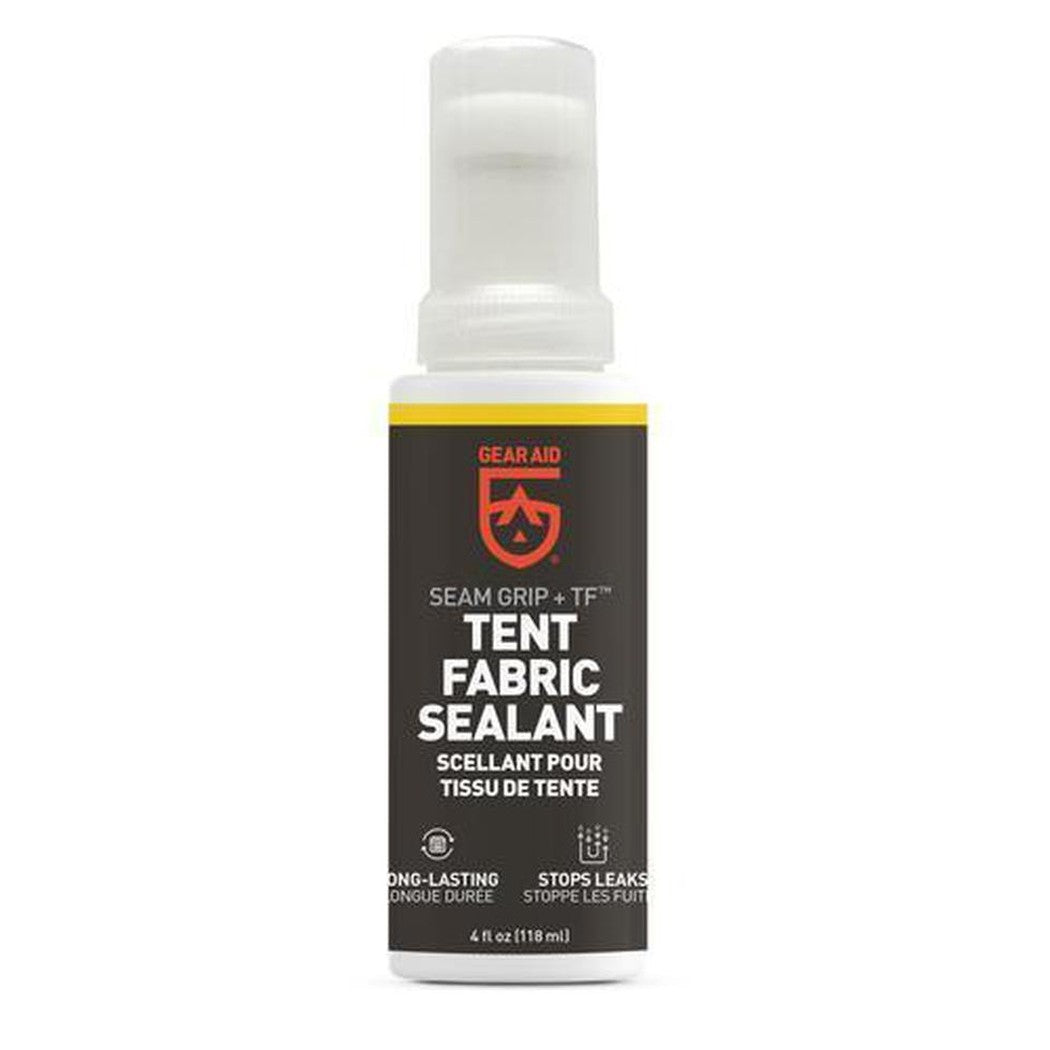 A front view of the Gear Aid Seam Grip TF Tent Fabric Sealant bottle with a black label and white pump against a white background.