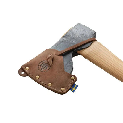 A close-up of the Ågelsjön / Hultån Replacement Sheath with a brown leather cover and a small Swedish flag tag, against a white background.