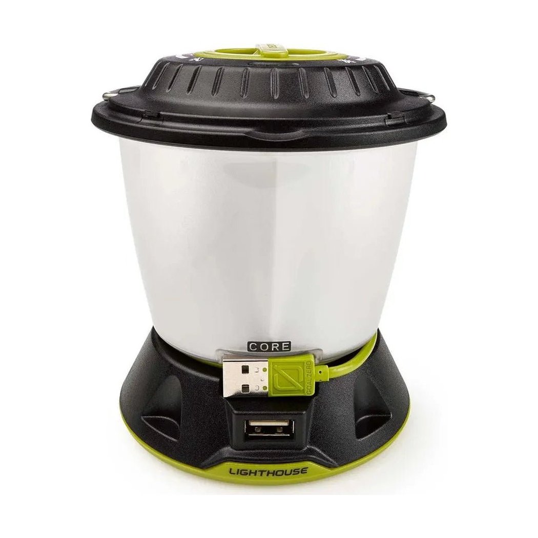 A front view of the GoalZero Lighthouse Core camping lantern with a USB charging port and green accents on a white background.