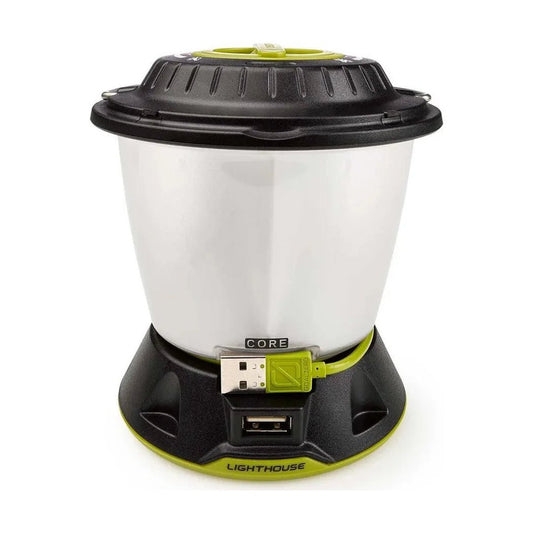 A front view of the GoalZero Lighthouse Core camping lantern with a USB charging port and green accents on a white background.