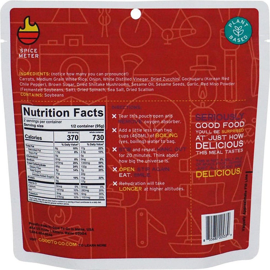 Back of the Good To-Go Bibimbap - Double Serving backpacking food package showing nutrition facts and instructions.