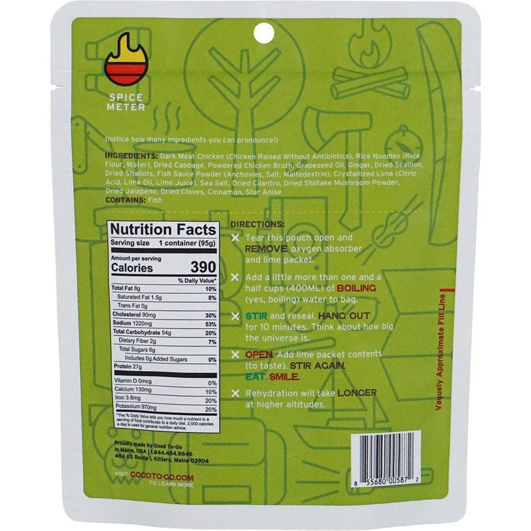 Back of the Good To-Go Chicken Pho package showing nutrition facts and directions on a green background.