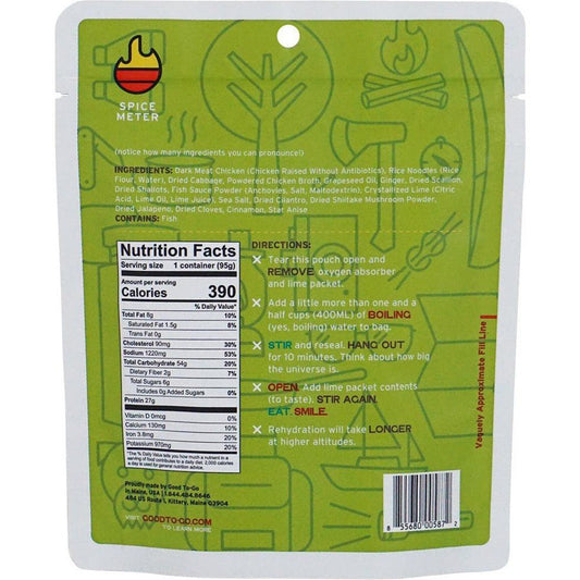Back of the Good To-Go Chicken Pho package showing nutrition facts and directions on a green background.