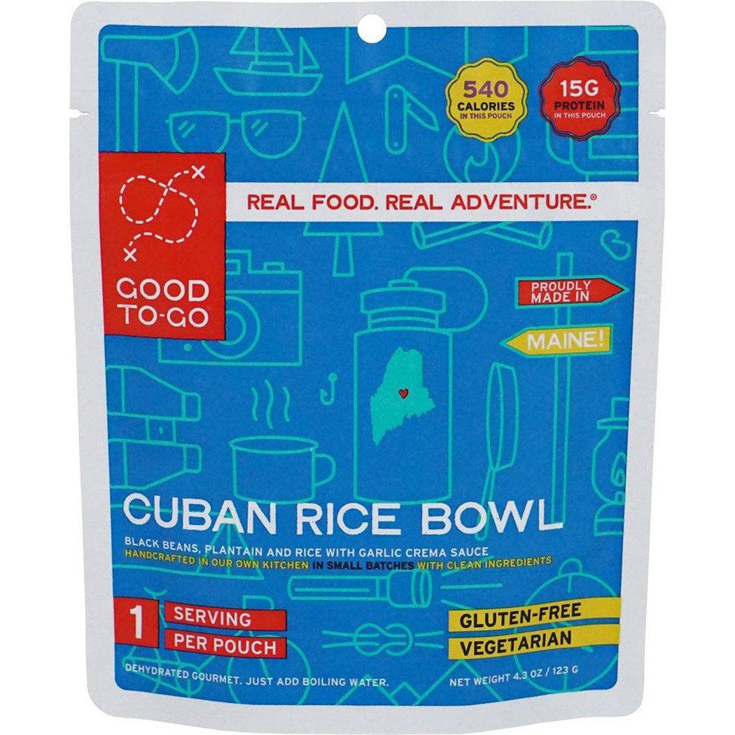 Blue package of Good To-Go Cuban Rice Bowl showing "Real Food. Real Adventure." and "Gluten-Free Vegetarian" on it.