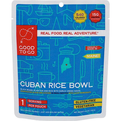 Blue package of Good To-Go Cuban Rice Bowl showing "Real Food. Real Adventure." and "Gluten-Free Vegetarian" on it.