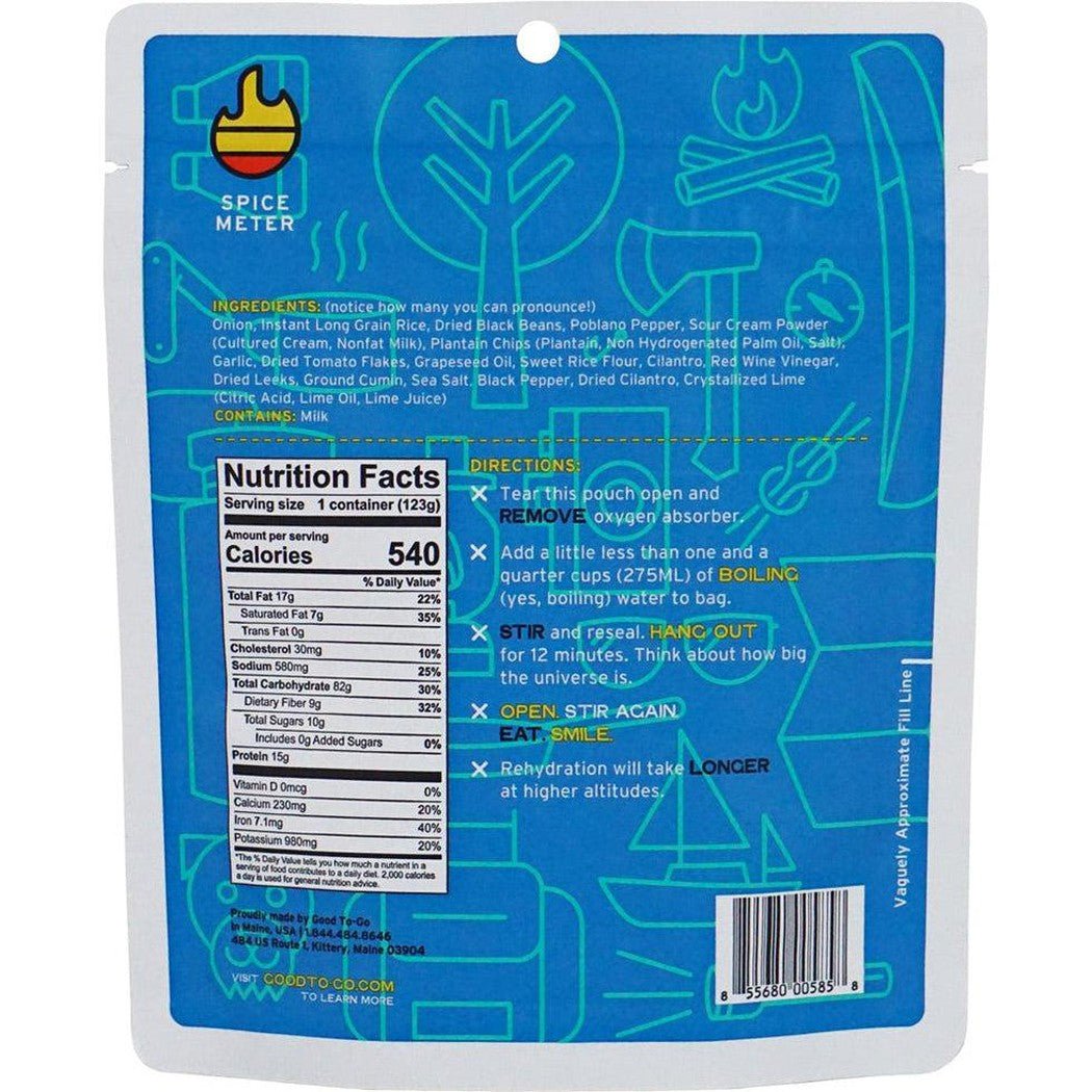 Back of the Good To-Go Cuban Rice Bowl backpacking food package showing nutrition facts and directions on a blue background.
